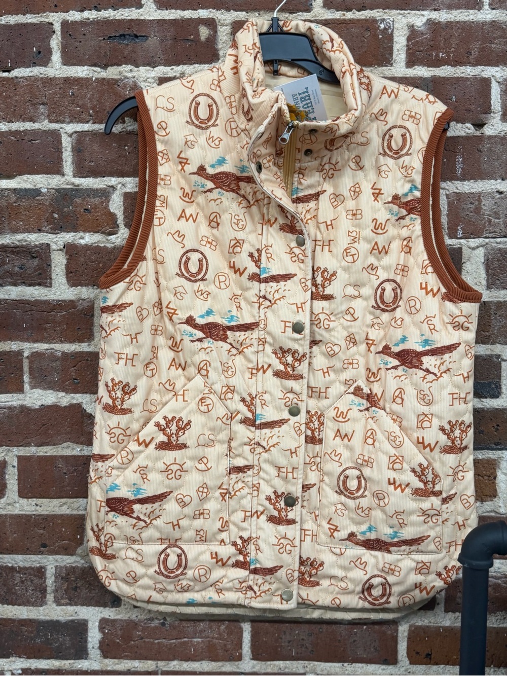 Branded western Cream Quilted Sleeveless Vest with Brown Trim